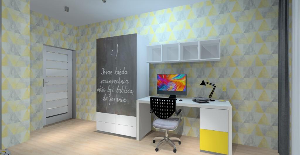 pokoj dla nastolatka zolty szary i biel, widok na ścianę z szafą, biukiem, tapeta w trójkąty